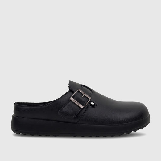 Black Hush Puppies Soft Style Noelle comfort clog for ladies, featuring a textured upper and a silver buckle, shown in a