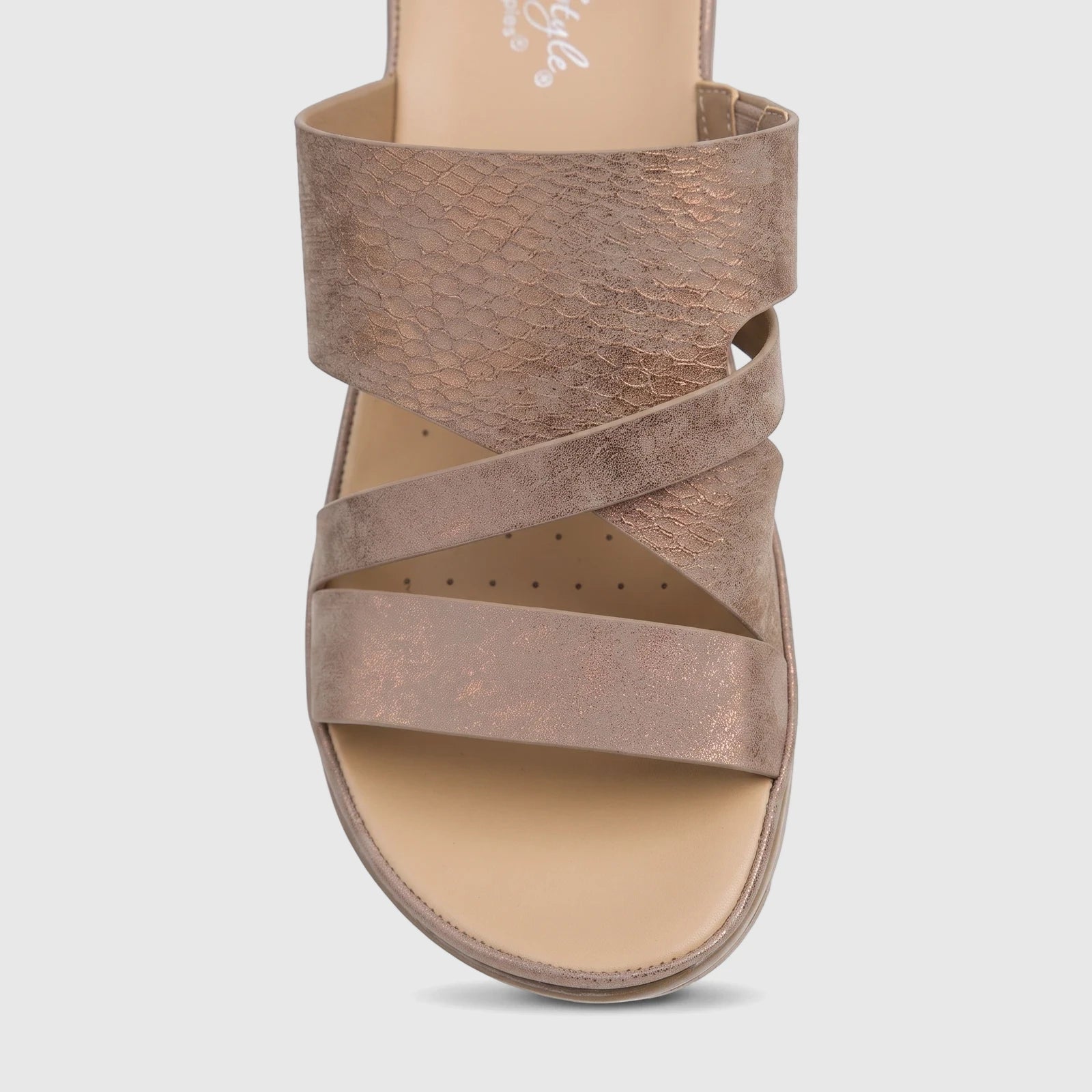Hush Puppies Soft Style Posha women's comfort sandal in metallic bronze with textured and criss-cross straps, close-up view.