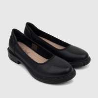 A pair of black Hush Puppies Soft Style Valonia comfort pumps made of soft leather, featuring a rounded toe and a low block