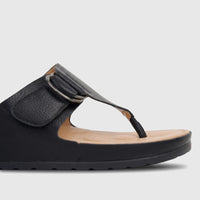 Black Hush Puppies Soft Style Tanya comfort sandal with a silver buckle, shown in a close-up side view.