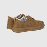 Hush Puppies Soft Style Ladies Comfort Sneaker Tavaria in taupe nubuck, lace-up low-top shown in side view.