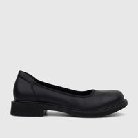 Hush Puppies Soft Style Ladies Valonia Comfort Pump in black leather, with a low block heel, shown from a side profile.