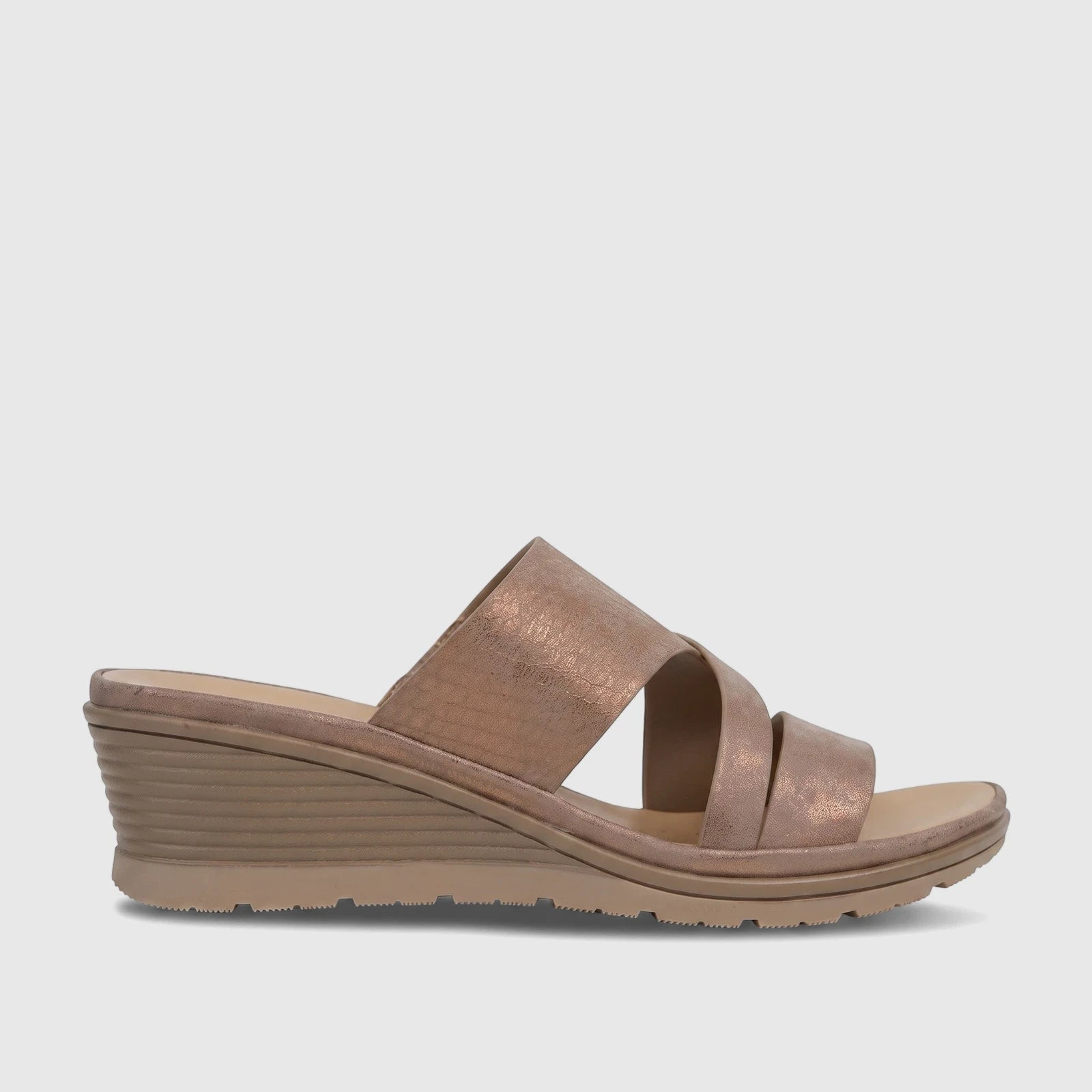 Bronze metallic Hush Puppies women's wedge sandal with two cross-over straps and a comfortable textured sole, side view.