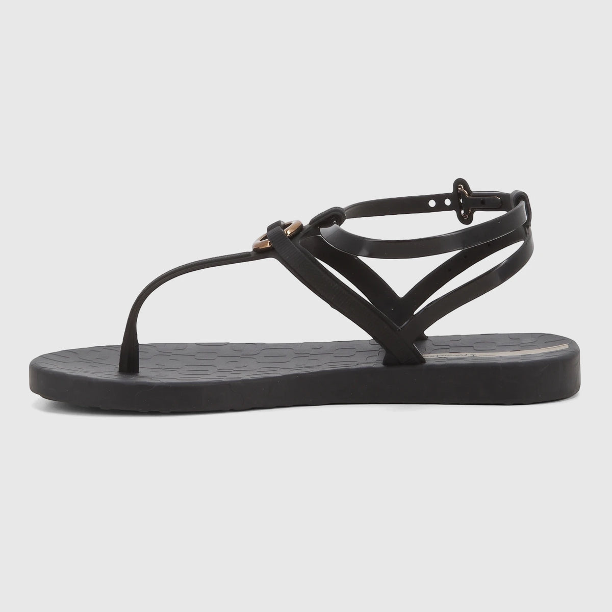 Black Ipanema Atena sandal with an ankle strap and T-bar detail, shown in a side profile on a white background.