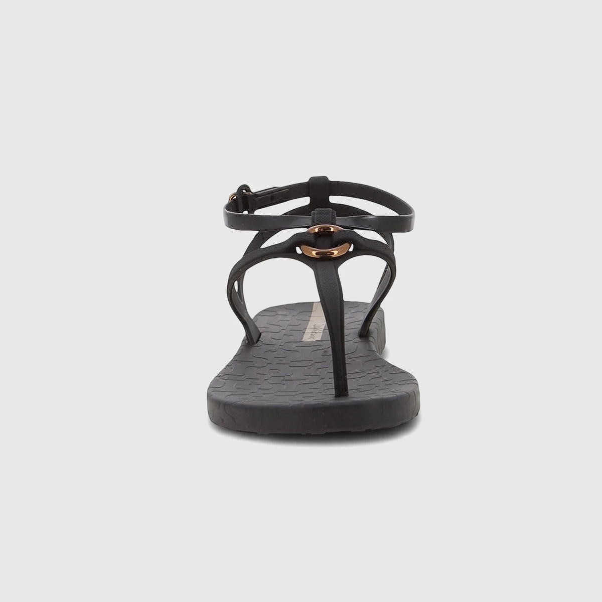 Ipanema Atena Sandal GIL83785 in black with a T-strap, ankle buckle, and gold ring detail, front view.