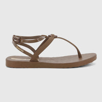Brown Ipanema Atena thong sandal with an adjustable ankle strap, viewed from the side, showcasing its design.