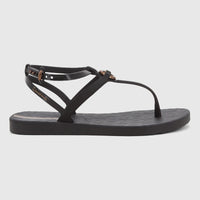 Black Ipanema Atena thong sandal with ankle strap and a gold-tone buckle, viewed from the side on a white background.