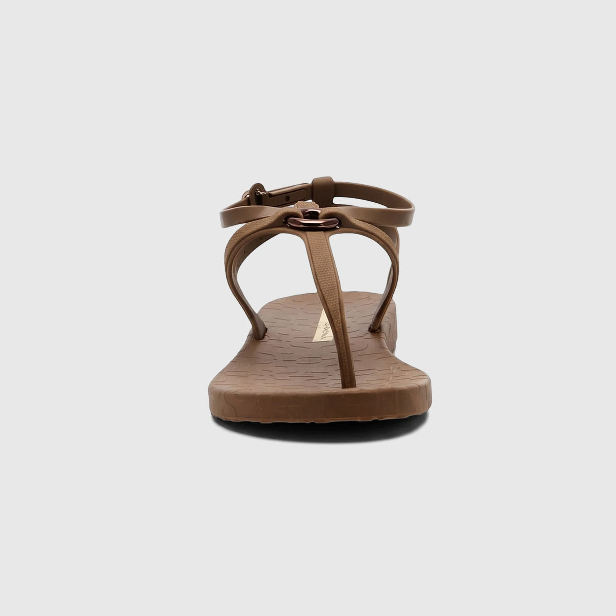 Ipanema Atena women's thong sandal in brown, featuring an ankle strap and textured sole, viewed from the front.