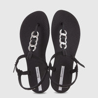 A pair of stylish black Ipanema Class Lizz sandals with elegant silver chain detailing on the thong straps, presented