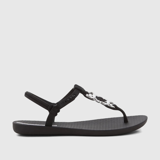 Black Ipanema Class Lizz women's sandal with silver chain embellishment on a thong strap, shown in a side view.