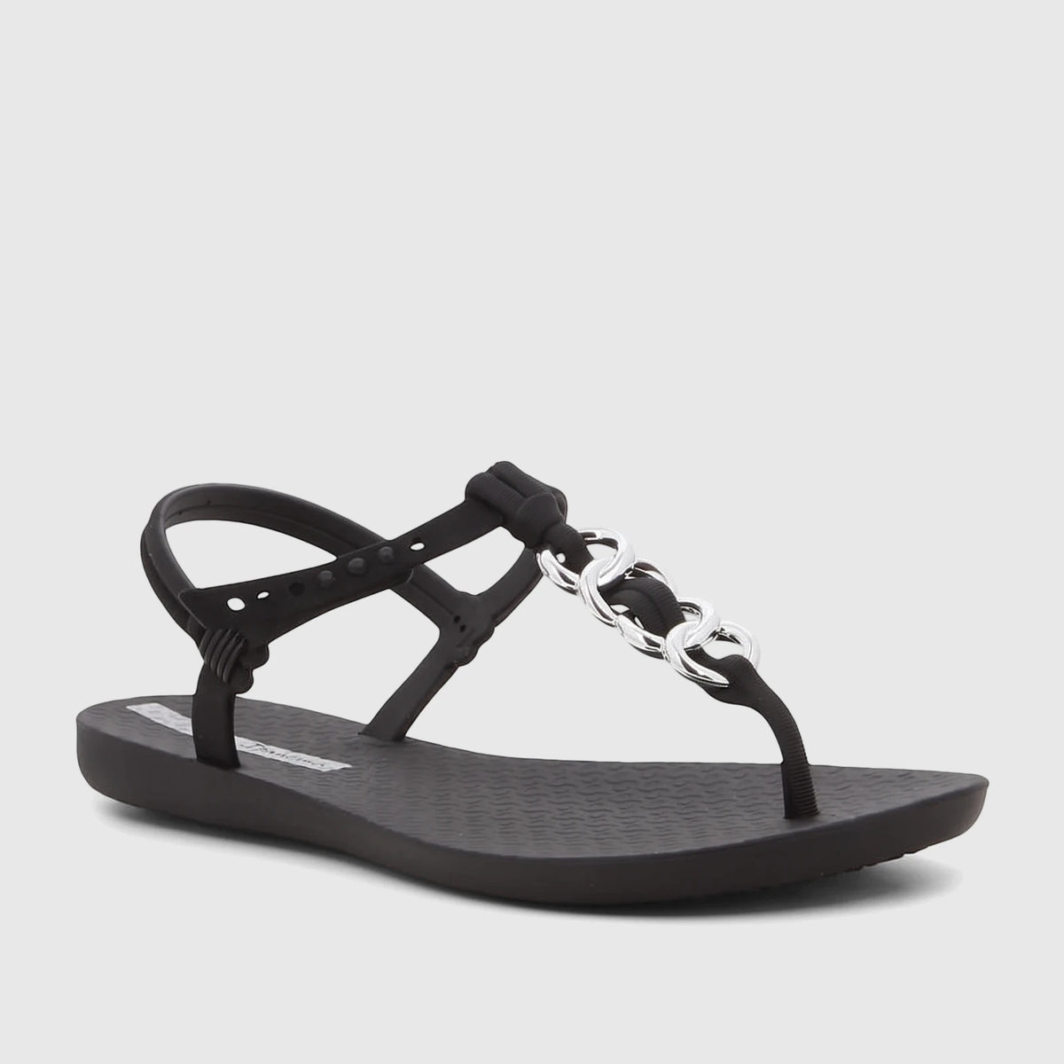 Black Ipanema Class Lizz thong sandals with a silver chain embellishment on the T-strap and an adjustable ankle strap, shown