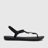 Side view of an Ipanema Class Lizz Sandal in black with silver-colored twisted strap detailing.