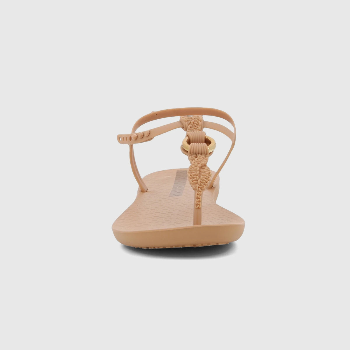Front view of an Ipanema Class Luma beige brown T-strap sandal with braided details and a gold-tone ring.