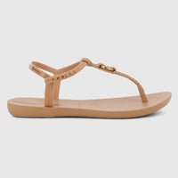 Ipanema Class Luma GIL27428 women's beige brown T-strap sandal with gold metallic detail on a rubber sole.