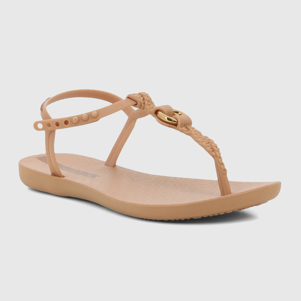 Ipanema Class Luma GIL27428 women's beige brown T-strap sandal with braided detail and golden buckle, shown on a white