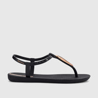 Black Ipanema Class Luxury thong sandals with a gold metallic embellishment and ankle strap on a white background.