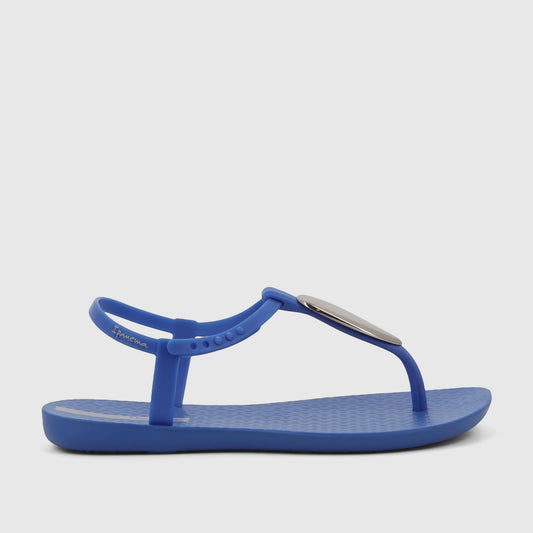 Ipanema Class Luxury blue and silver sandal, shown in a side profile view, featuring a textured footbed and a metallic