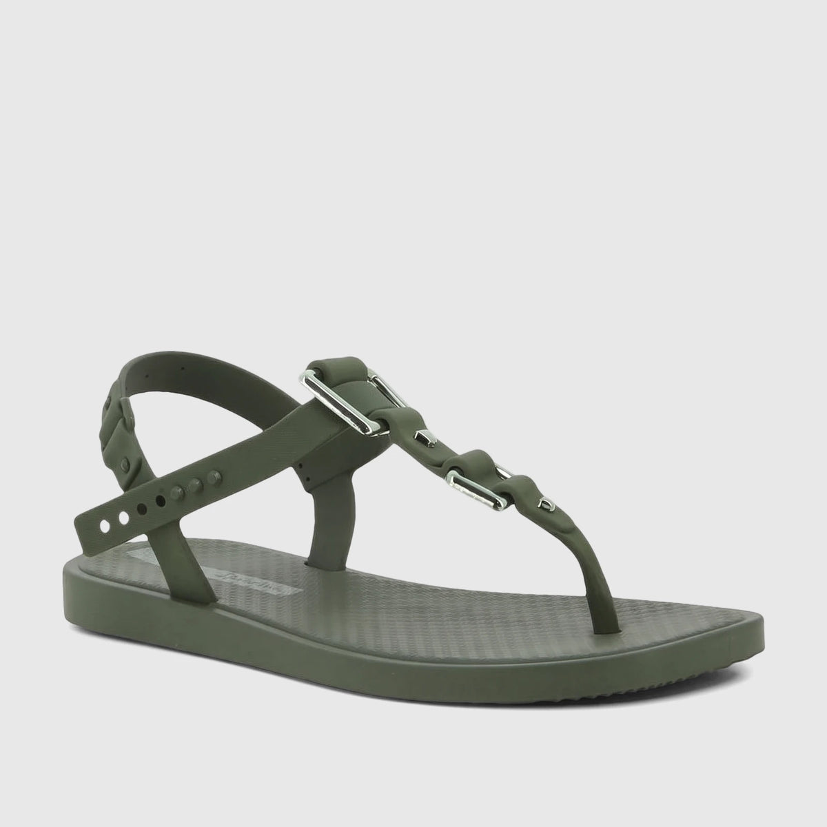 Ipanema Class Urbane women's flat t-strap sandal in olive green, featuring metallic buckle-like accents and an adjustable
