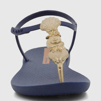 Ipanema Fundo Do Mar navy blue thong sandals with a textured gold seashell-inspired T-strap, presented from a front view on