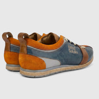 Kamo-Gutsu Men's Leather Sneaker Tifo 017 in Arancio Navy, displaying orange suede and blue leather panels from a rear-side