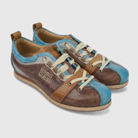 Pair of Kamo-Gutsu Men's Leather Sneaker Tifo 017, featuring brown leather, blue suede, and multi-color accents.