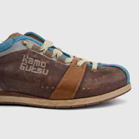 Kamo-Gutsu Men's Leather Sneaker Tifo 017 in brown multi and blue, featuring intricate stitching and a subtle logo, viewed