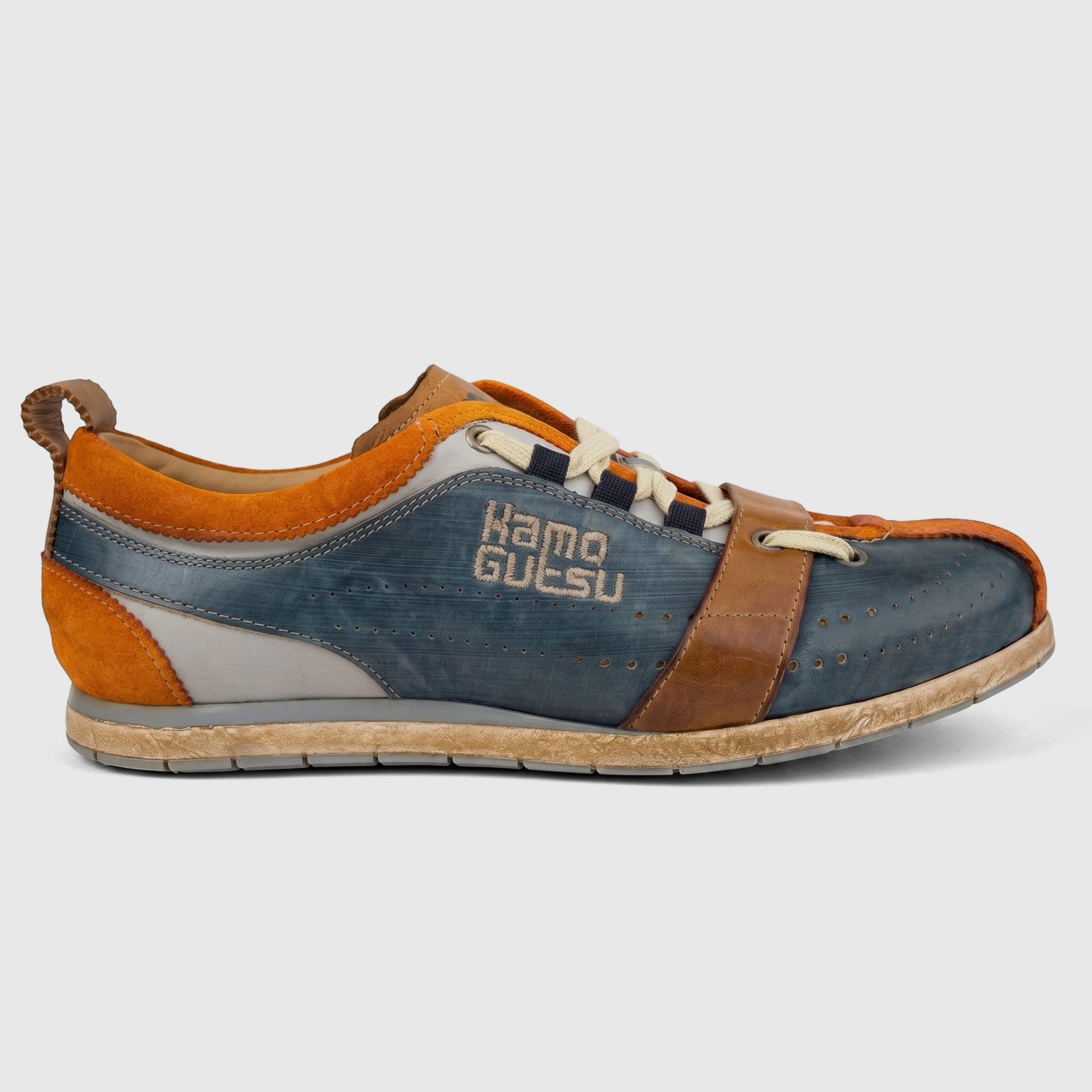 Kamo-Gutsu Men's Leather Sneaker Tifo 017 in navy and orange multi-color, featuring suede and leather panels, shown from a