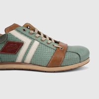 Kamo-Gutsu Men's Leather Sneaker Tifo 030 in green multi with woven texture and brown accents, side view.