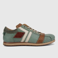 Kamo-Gutsu Men's Leather Sneaker Tifo 030 in green, white, and brown with a woven texture, side view.
