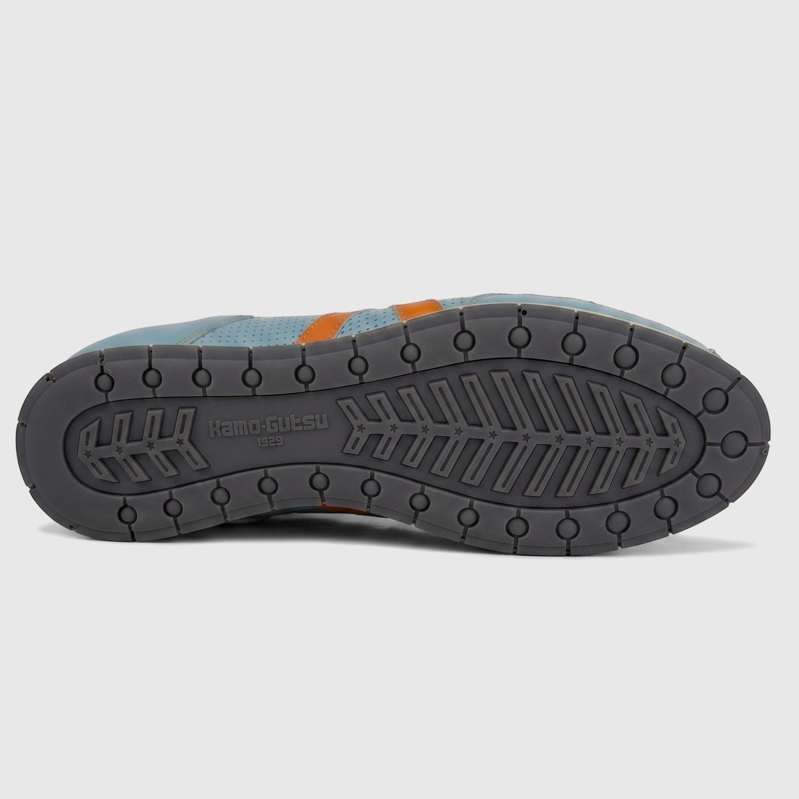 Kamo-Gutsu Men's Leather Sneaker Tifo 044 in blue and orange, featuring the detailed dark gray sole.