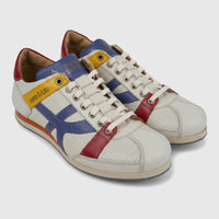 Kamo-Gutsu Men's Leather Sneaker Tifo 044 (Bianco Jeans) in white multi-color with blue, red, and yellow accents, front