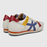 Kamo-Gutsu Men's Leather Sneaker Tifo 044 in white, blue, red, orange, and yellow, shown from a side view.