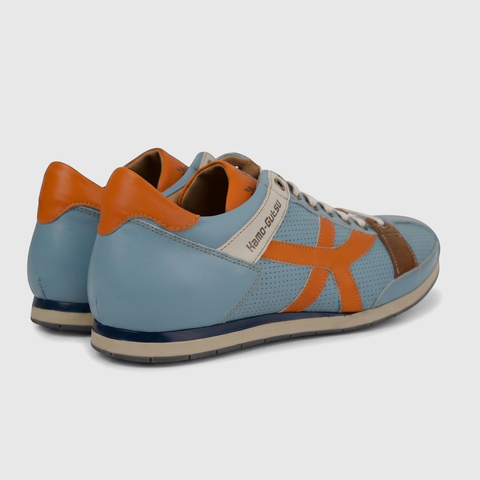 Kamo-Gutsu Men's Leather Sneaker Tifo 044 in blue with orange accents, shown from a side and back perspective.