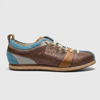 Kamo-Gutsu Men's Tifo 017 sneaker in brown multi-leather and blue suede, featuring a side profile view of the stylish