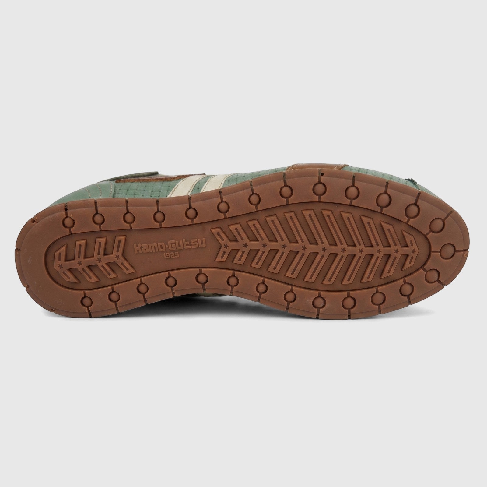 Kamo-Gutsu Men's Tifo 030 Icaro Salvia green multi leather sneaker, showcasing the brown sole and tread pattern.