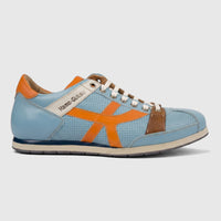 Kamo-Gutsu Men's Leather Sneaker Tifo 044 in blue and orange, featuring perforated leather and white laces, shown in a side