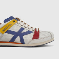 Kamo-Gutsu Men's Tifo 044 sneakers in white perforated leather with blue, red, and yellow accents, close-up view.