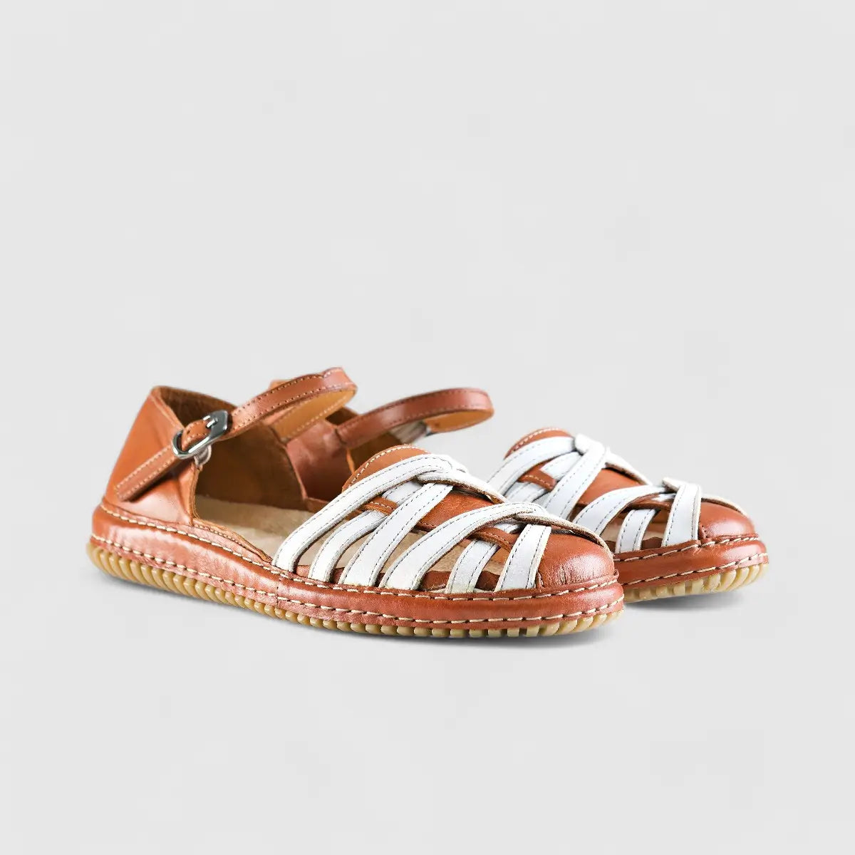Karyoka Comfort Leather Casuals 6447 Tan/White Sandals | familyshoecentre