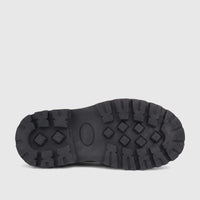 Bottom view of a Klevas Boys chunky sole black loafer, showcasing the deep lug tread pattern of the sole.