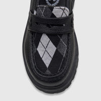 Front view of Klevas Boys black chunky sole loafer, featuring a classic argyle pattern insert in shades of black, white, and