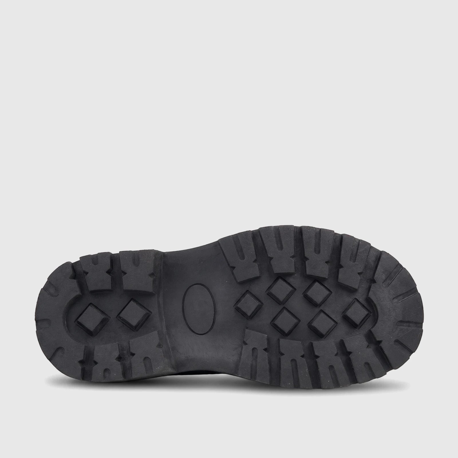 Bottom view of a black Klevas Boys chunky sole loafer, showcasing the deep tread pattern and robust design.