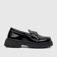 Klevas Boys chunky sole loafer in casino black patent finish, featuring a glitter vamp and silver bit buckle, side profile