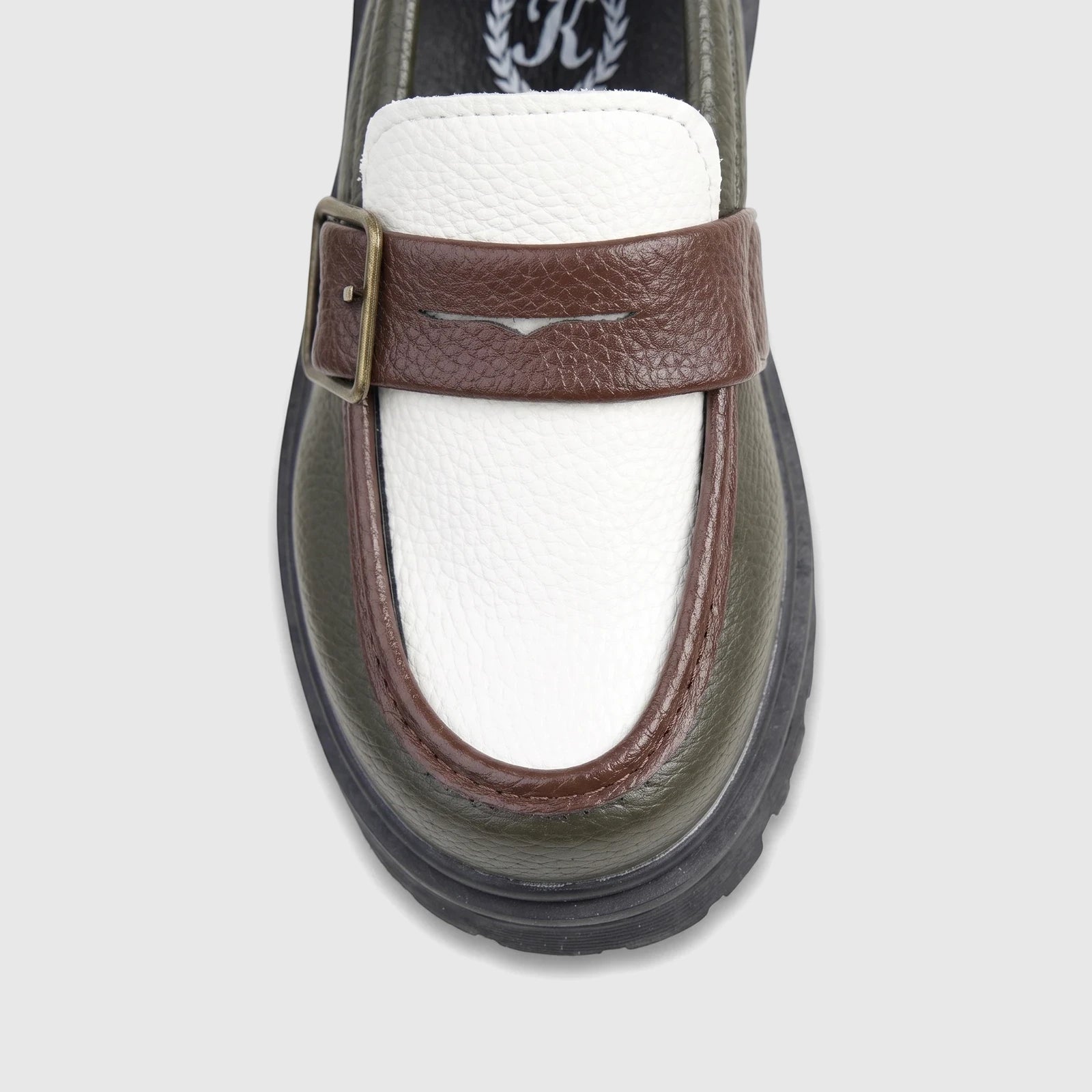 Klevas Boys chunky sole loafer in olive and beige with a monk strap and K7931B style, shown from the front.