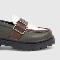 Klevas Boys chunky sole loafer in olive green and beige with a brown monk strap and brass buckle, side view.