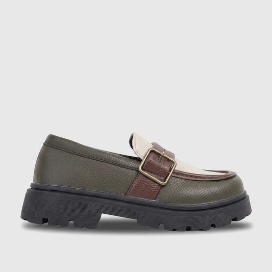 Klevas Boys chunky sole loafer in olive green with a brown monk strap and gold buckle, shown in a side profile view.