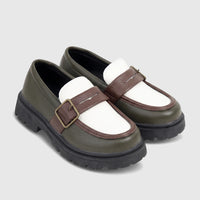 Olive green and white Klevas Boys chunky sole loafers with a brown monk strap and brass buckle detail, viewed from an angled