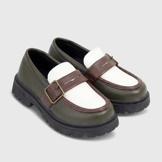 Klevas Boys chunky sole loafer in olive green with a brown monk strap and gold buckle, shown in a side profile view.