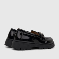 Pair of Klevas Boys chunky sole loafers in casino black patent leather, viewed from a side angle.