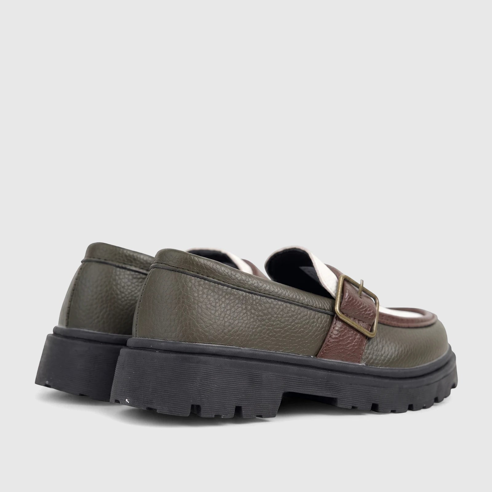 Klevas Boys chunky sole monk strap loafers in olive green and brown, with a beige accent, shown from a rear-quarter view.
