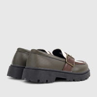 Klevas Boys chunky sole monk strap loafers in olive green and brown, with a beige accent, shown from a rear-quarter view.